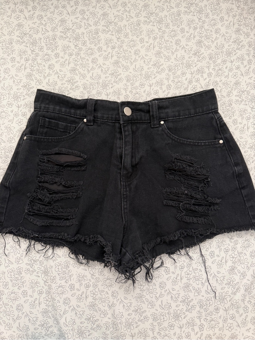 High-Rise Black Ripped Denim Shorts